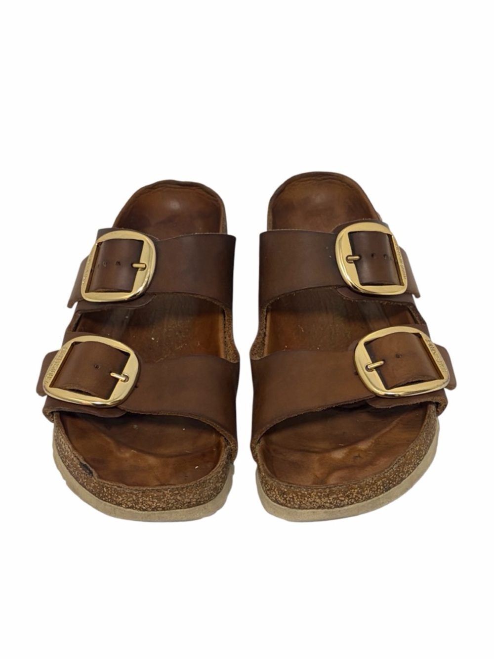 Birkenstock Arizona Big Buckle Cognac Brown Oiled Leather Slides Sandals - 8